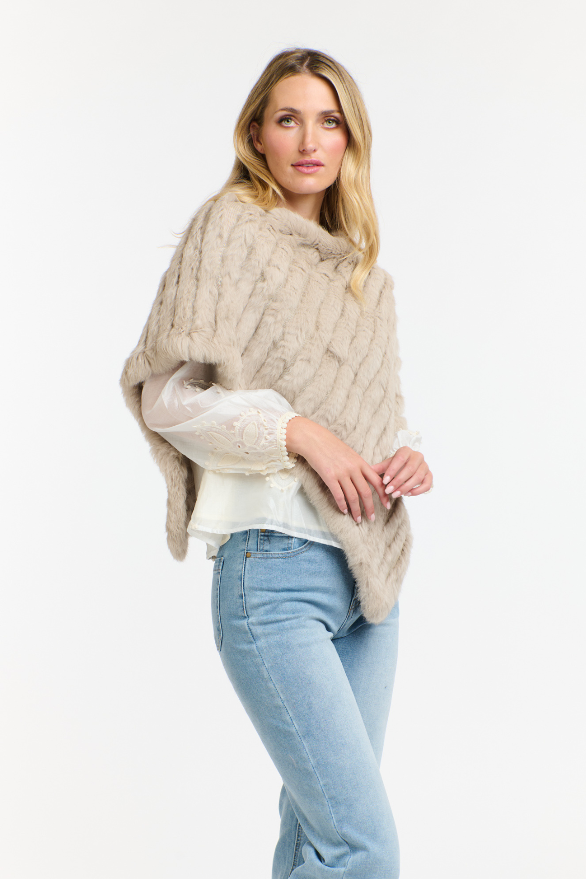 Rabbit Fur Poncho Stone