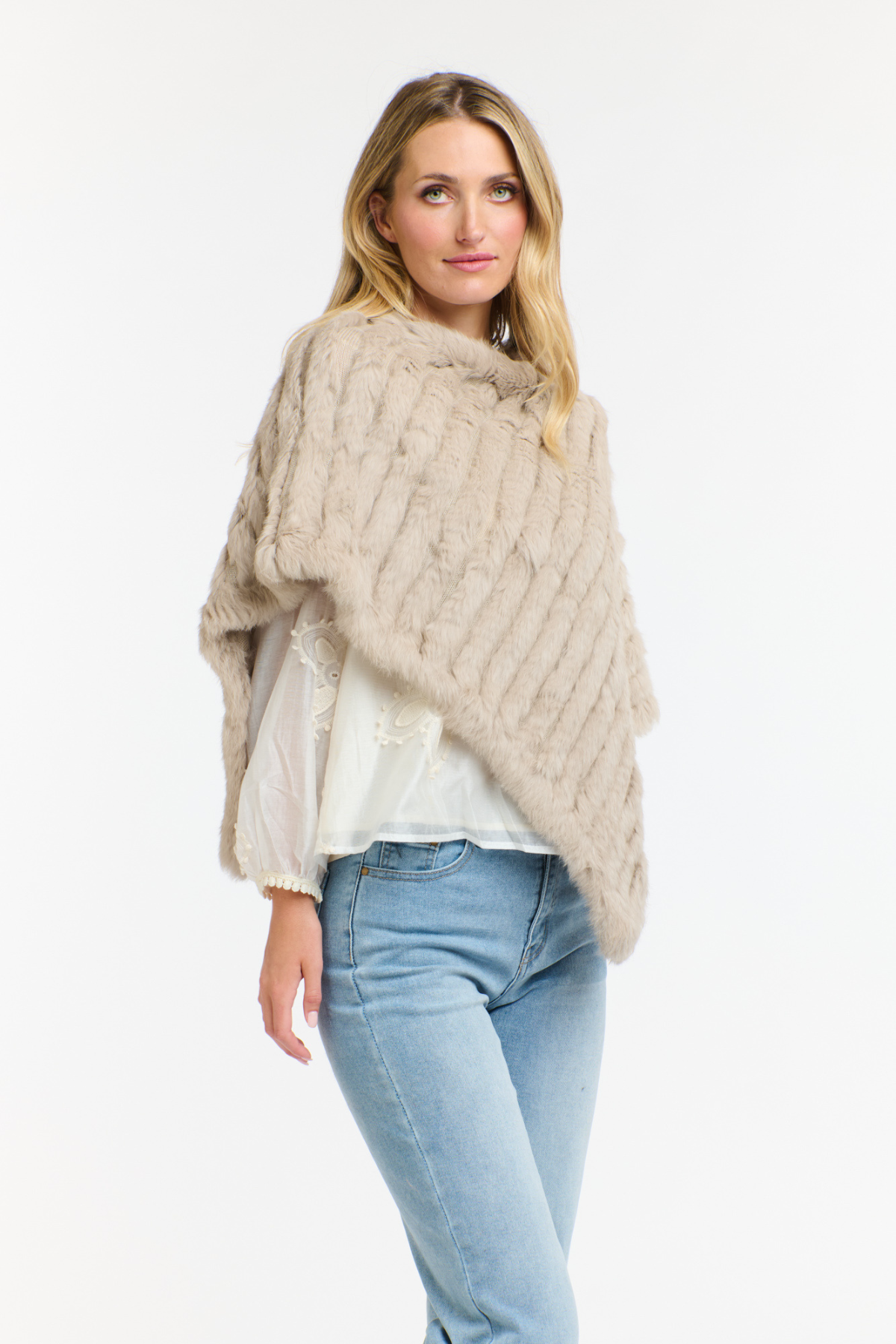 Rabbit Fur Poncho Stone