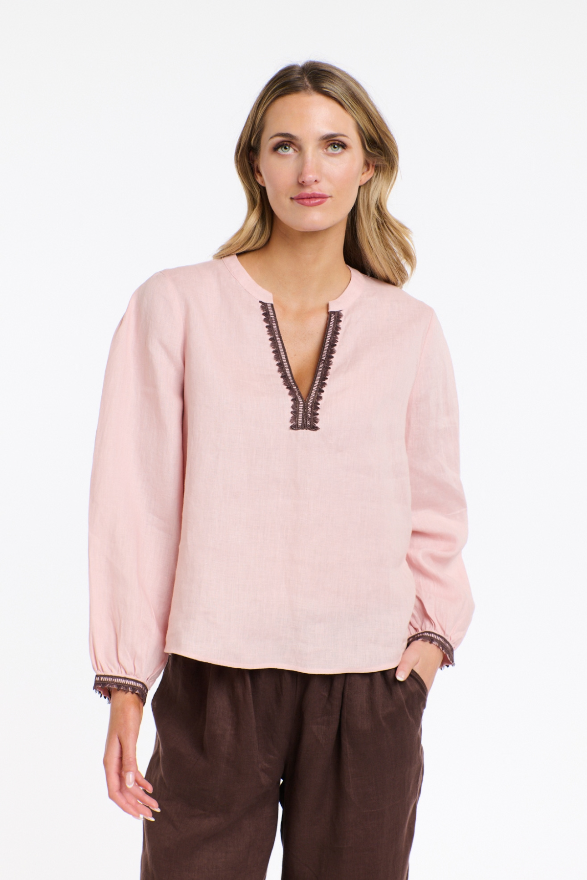 Anika Embroidered Linen Blouse Pink