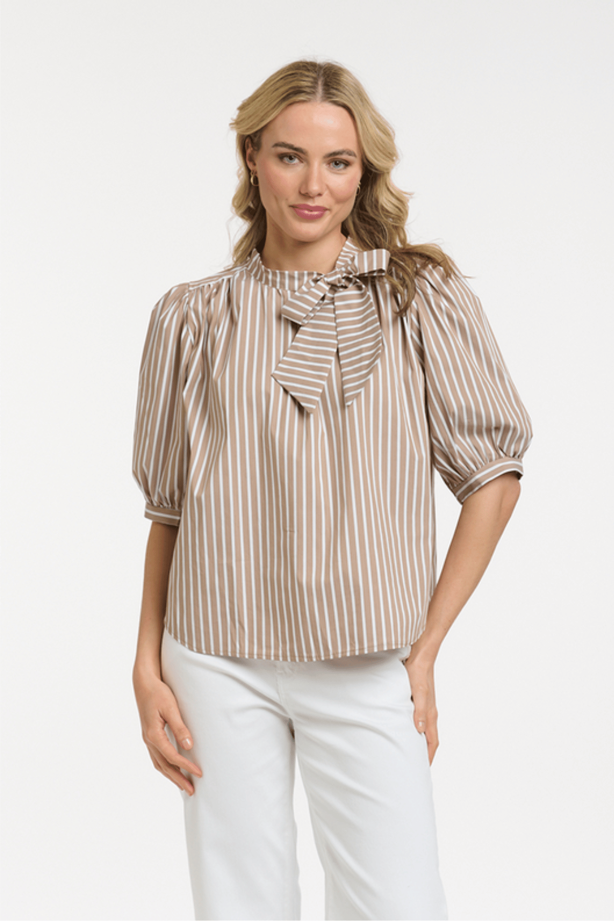 Striped Bow Blouse Taupe
