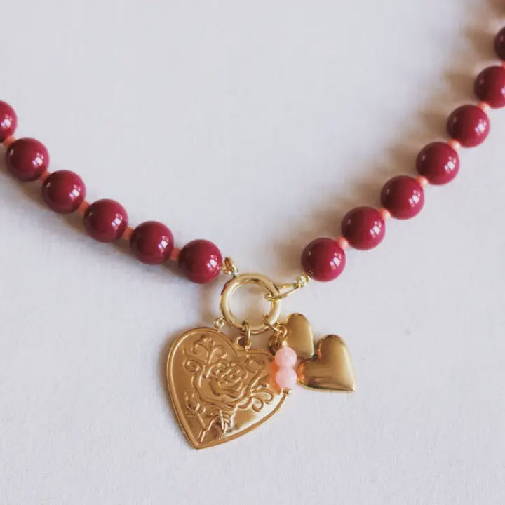 Beaded Necklace With Charms Burgundy