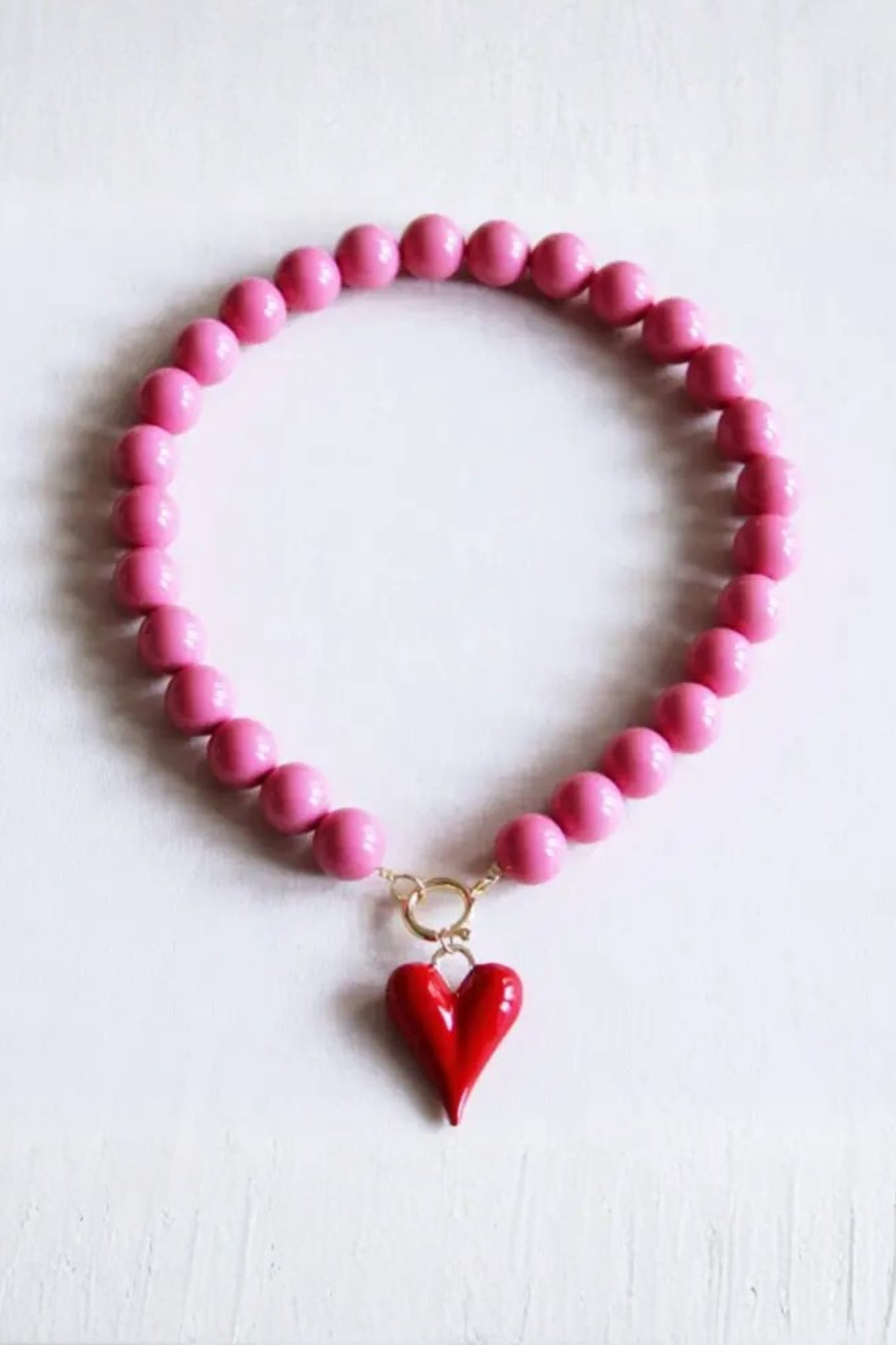 Beaded Red Heart Necklace Pink