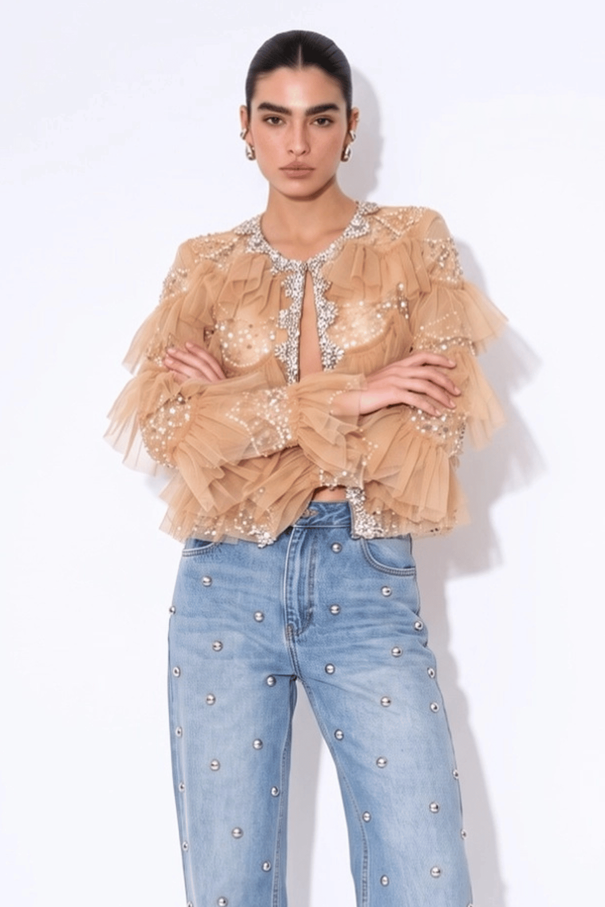 Embellished Tulle Ruffle Jacket Taupe
