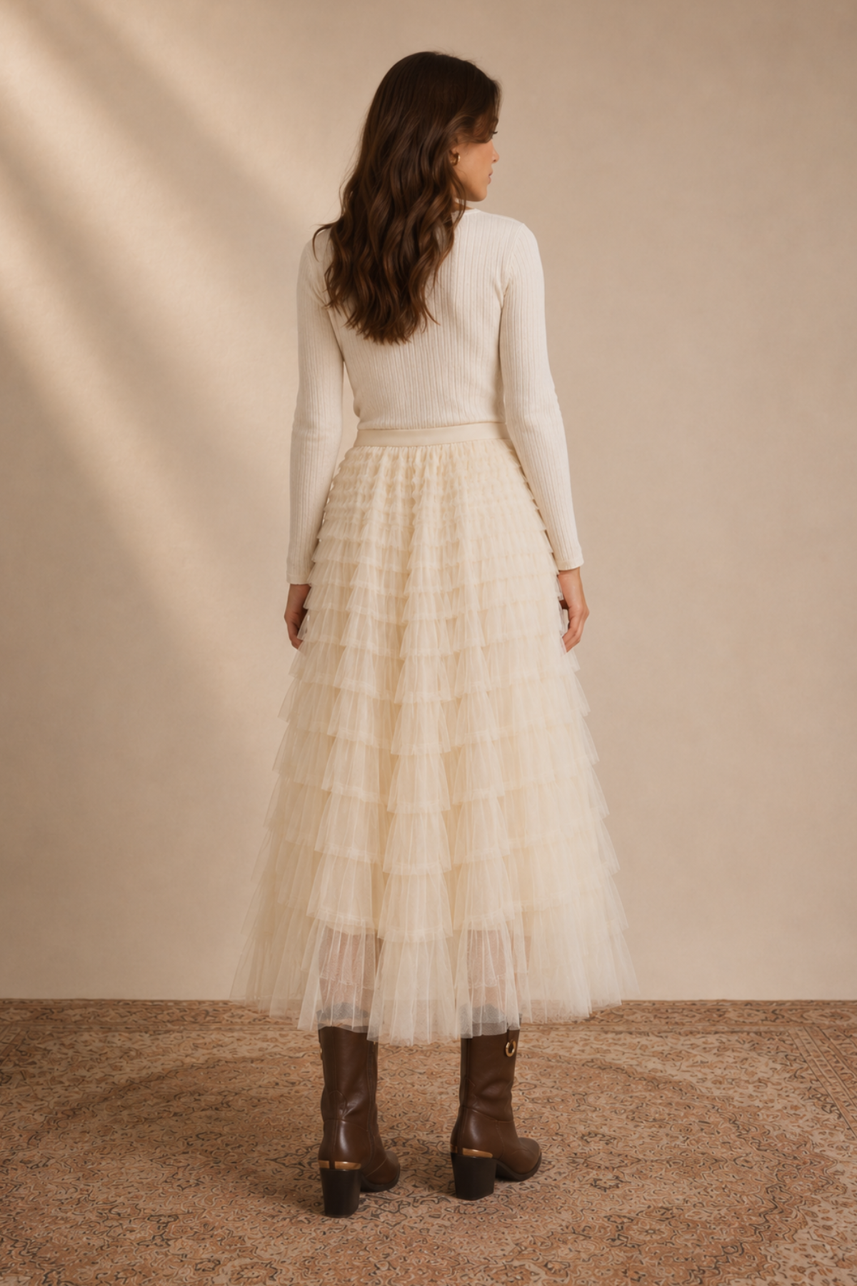 Cascading Tulle Maxi Skirt Ecru