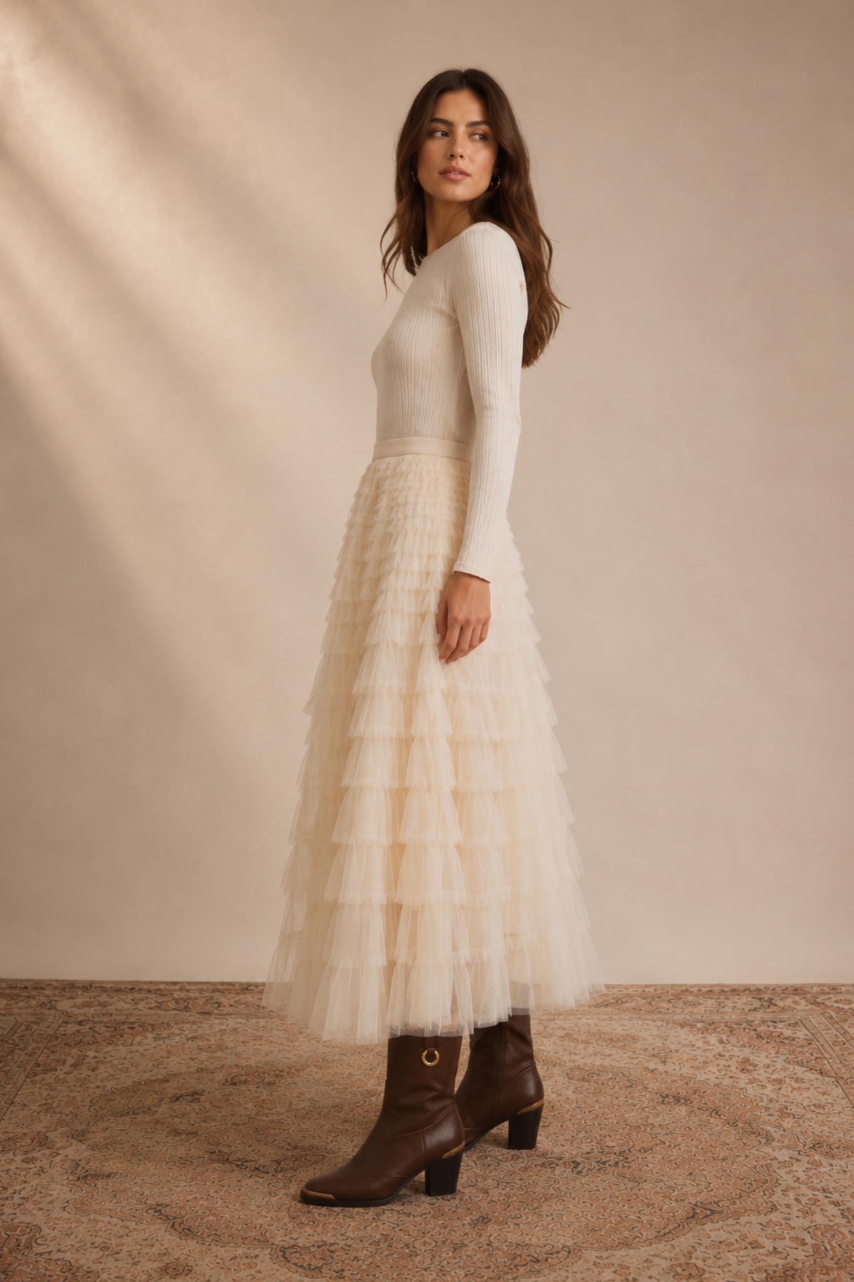 Cascading Tulle Maxi Skirt Ecru
