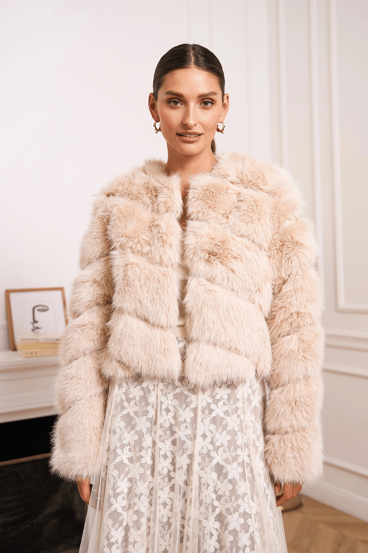 Choklate Paris Paula cropped faux fur jacket in beige