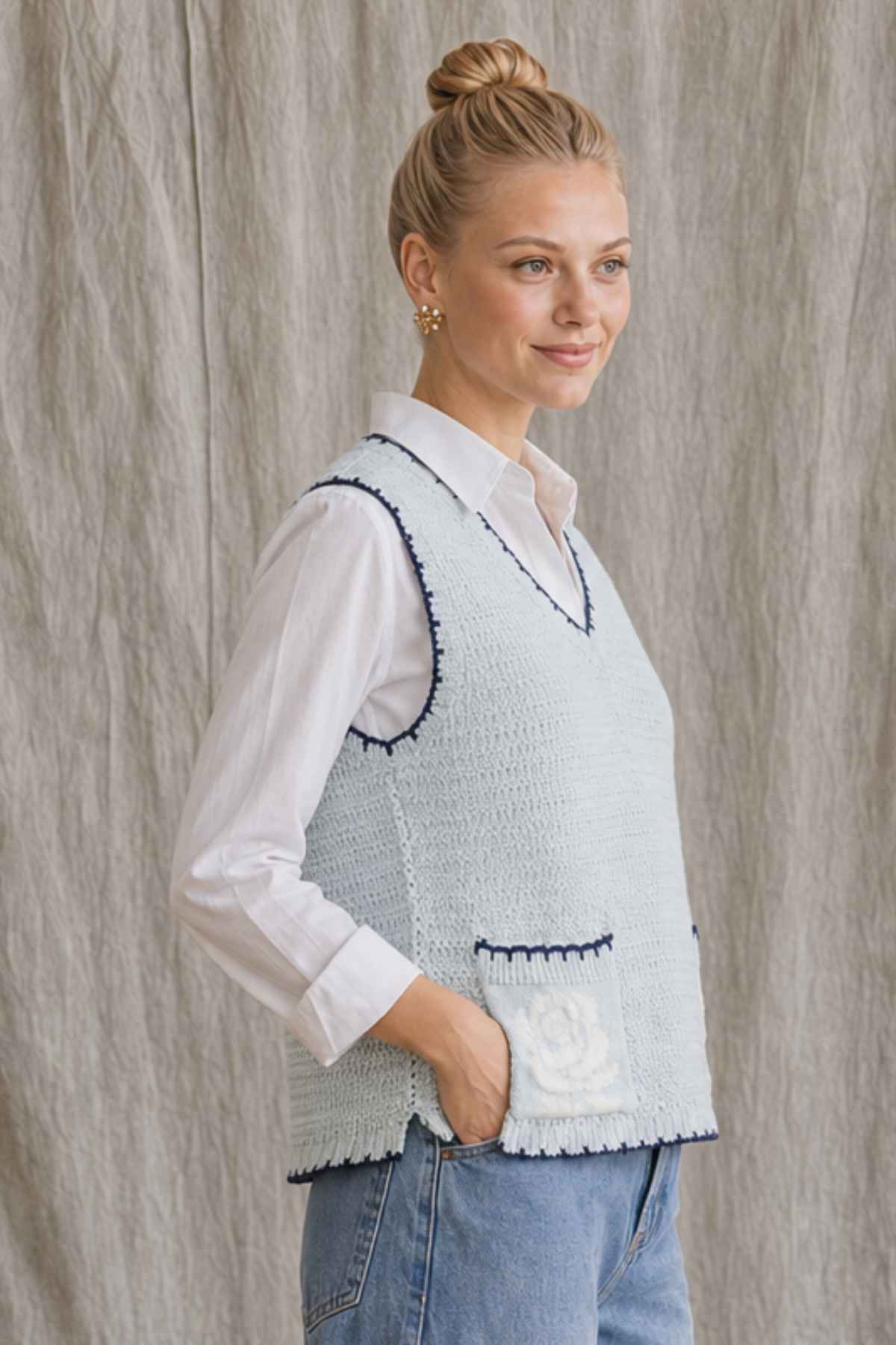 Crochet Rose Pocket Knit Vest