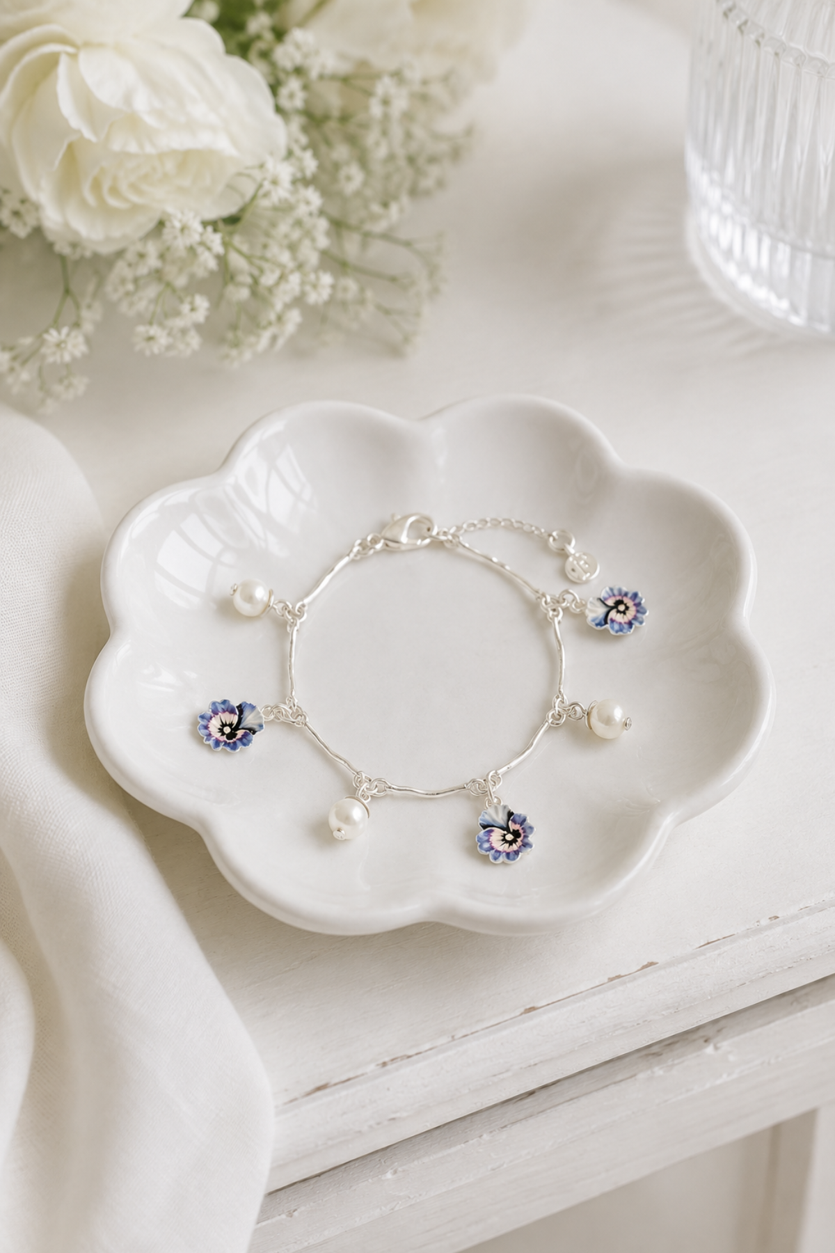 Pansy Pearl Silver Charm Bracelet