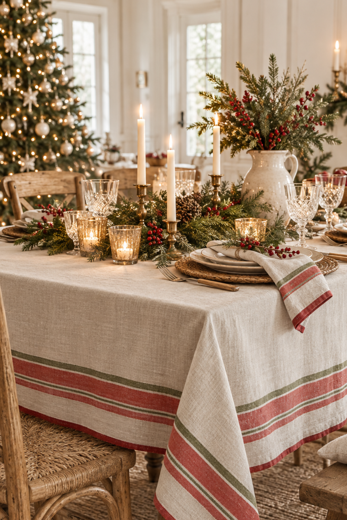 Red Selvedge Stripe Linen Tablecloth Small