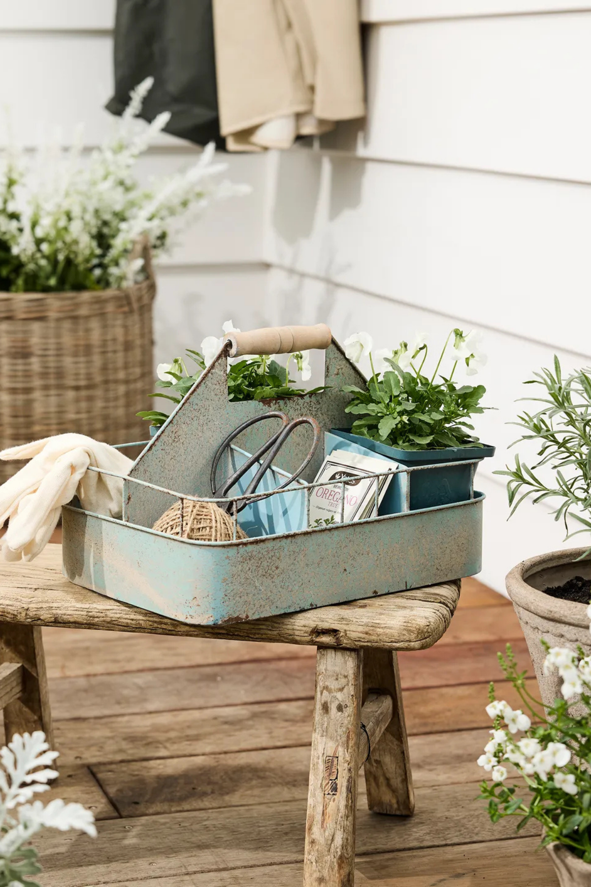Vintage Metal Garden Tool Crate Antique Blue