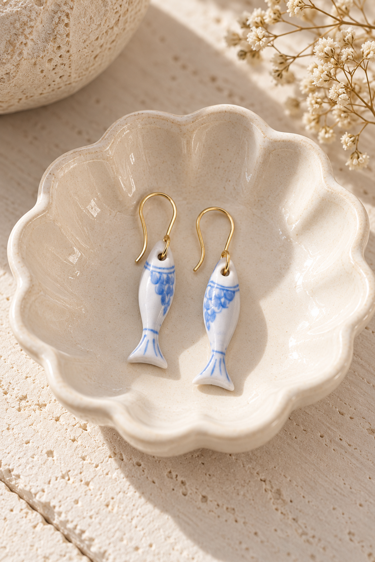Danielle Fish Ceramic Earrings Blue + White