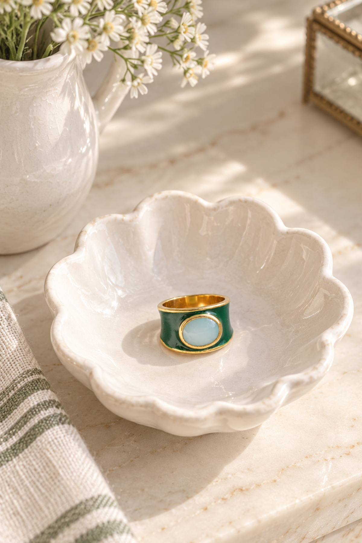 Hazel Oval Stone With Enamel Band Ring Green/Light Blue