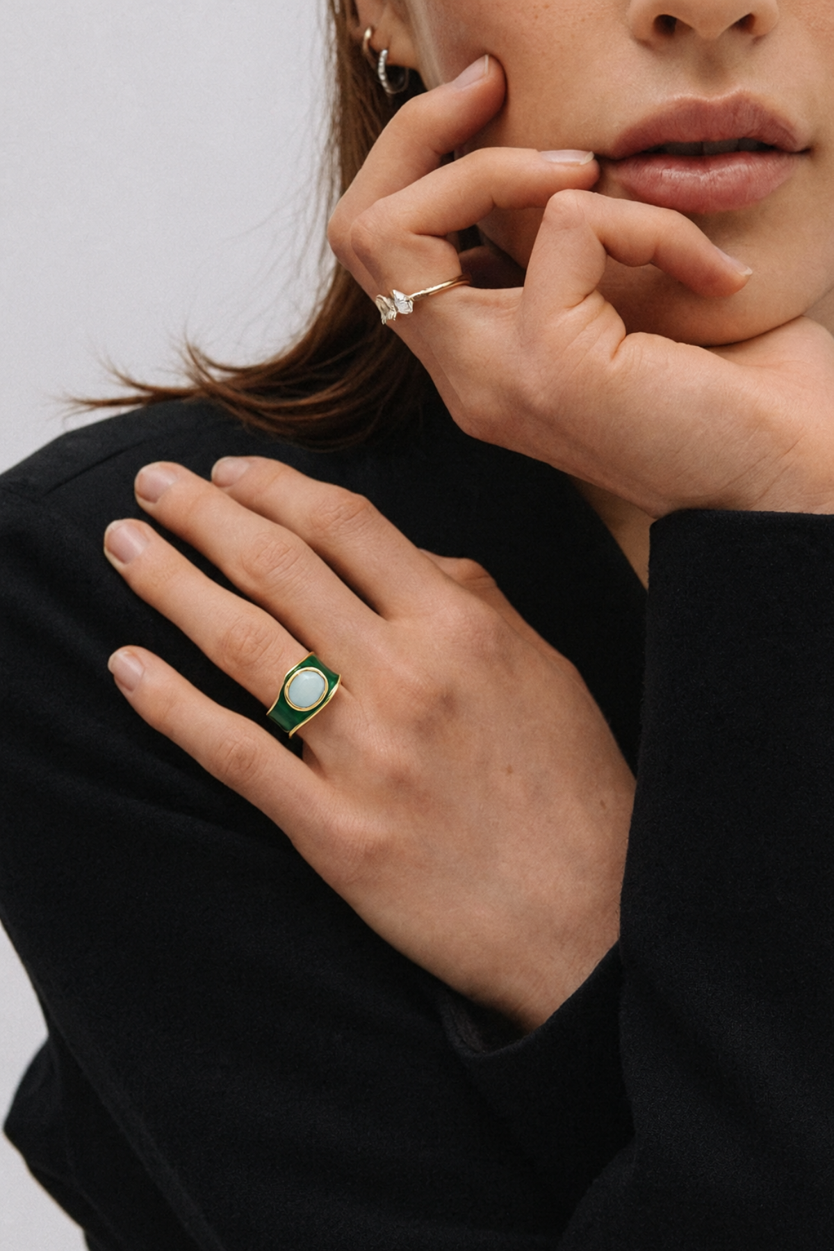 Hazel Oval Stone With Enamel Band Ring Green/Light Blue