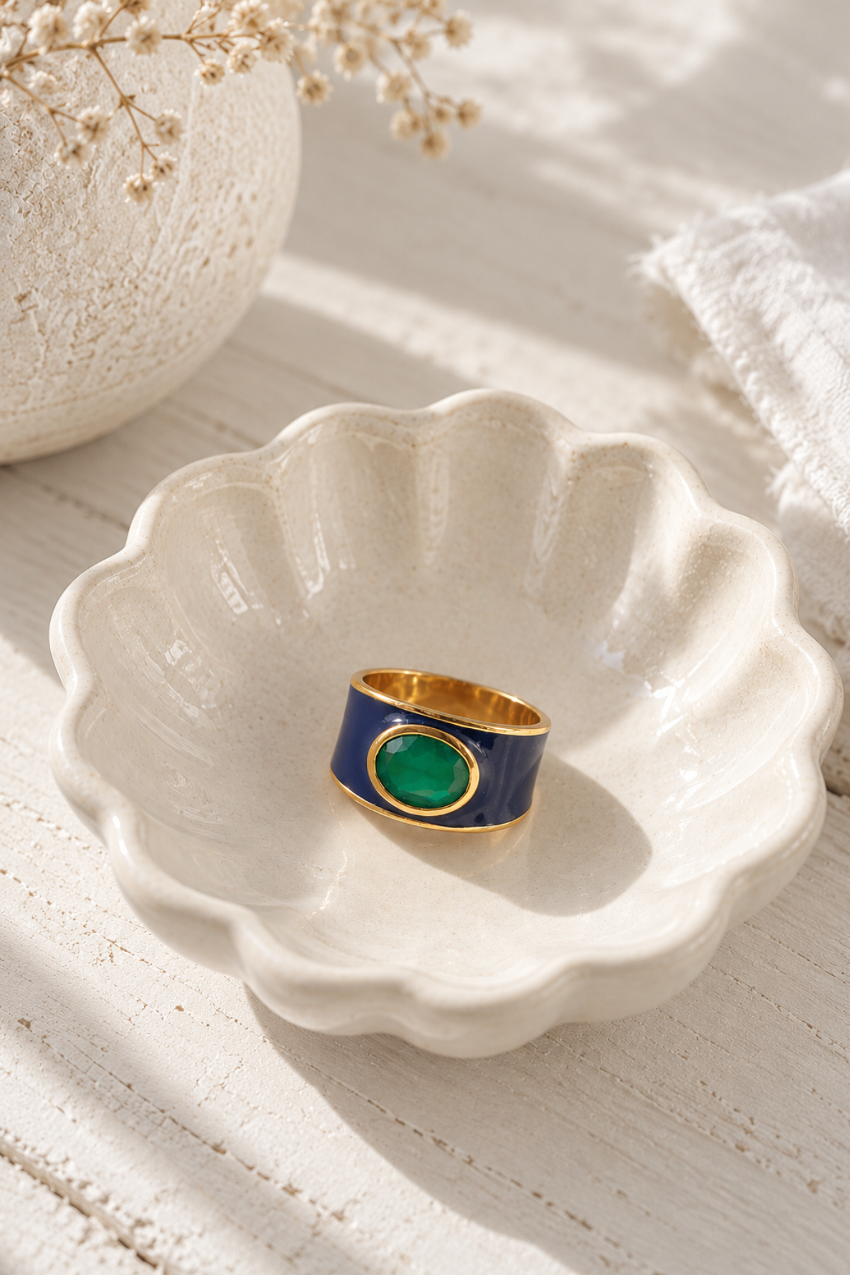 Hazel Oval Stone With Enamel Band Ring Navy + Green