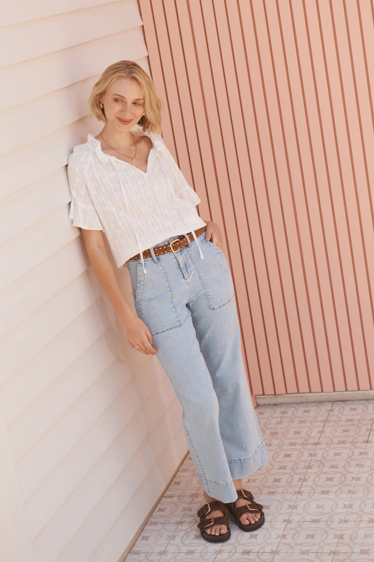 Celeste Pant Sky Blue Daisy Embroidery