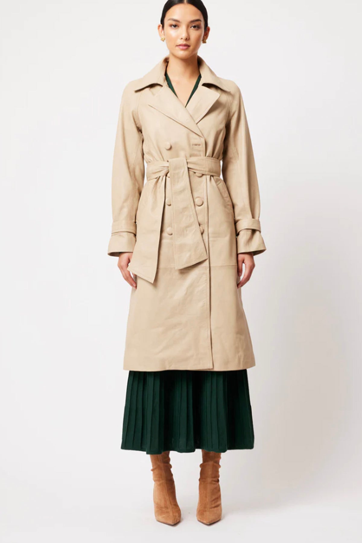 Astra Leather Trench Coat Oatmeal