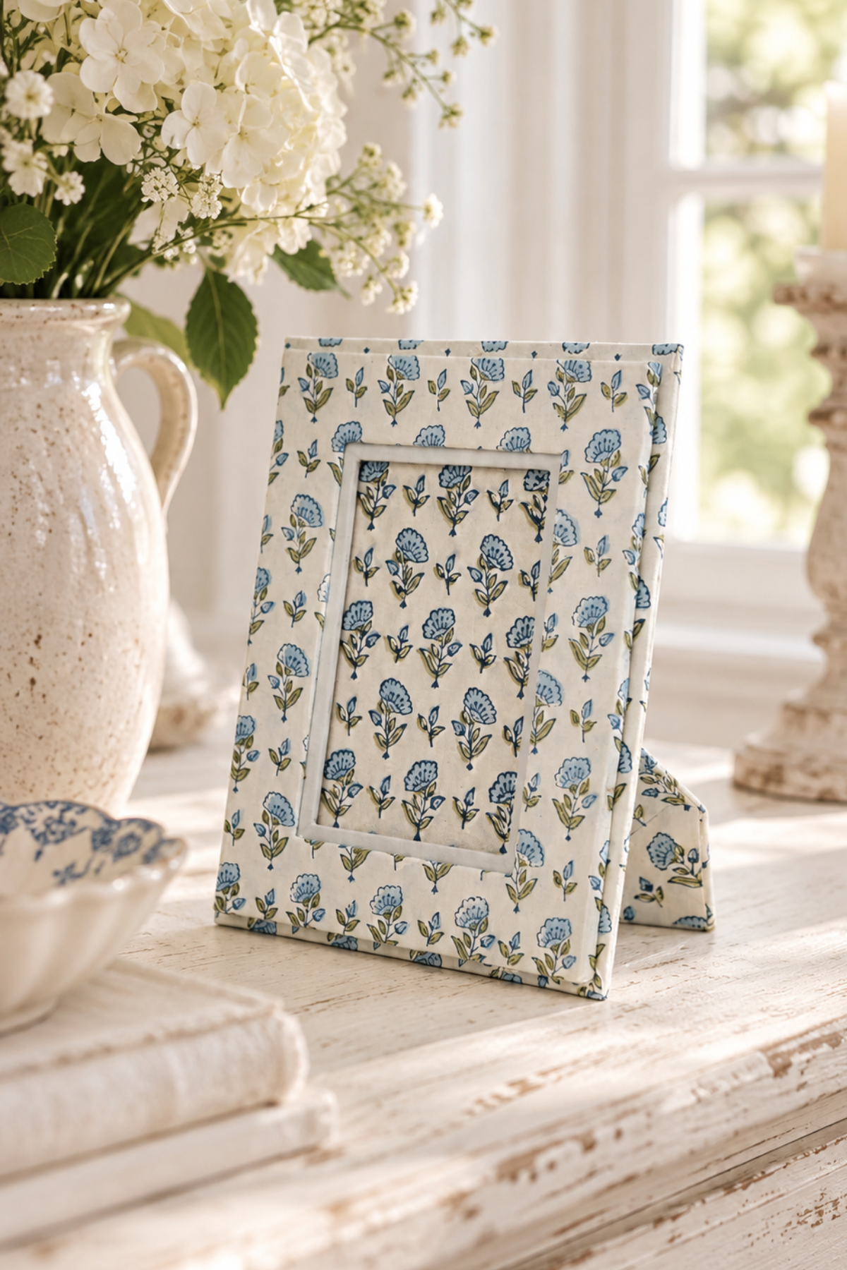 Block Printed Picture Frame Blue Floral