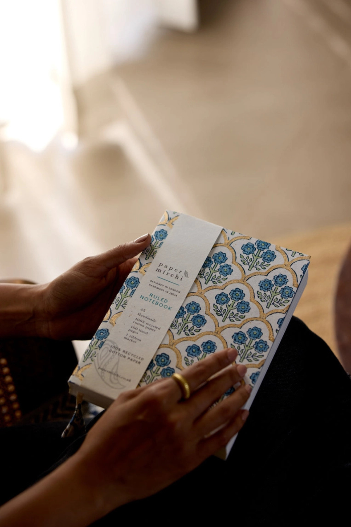 Block Printed Ruled Notebook A5 Trellis Indigo