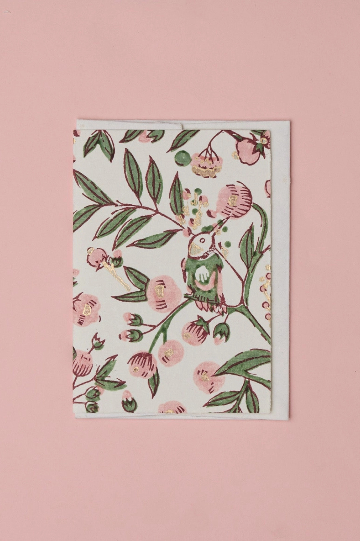 Hand Block Printed Card Song Birds Blush
