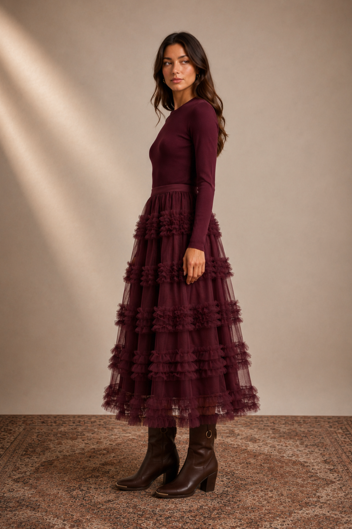Romantic Ruffle Midi Skirt Plum