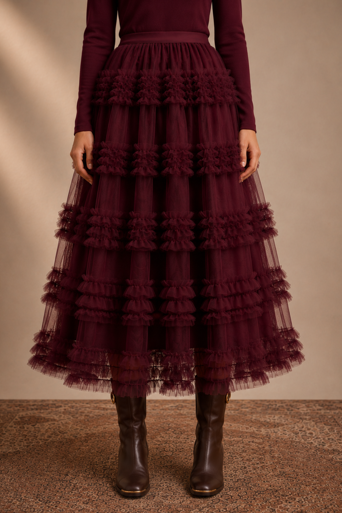 Romantic Ruffle Midi Skirt Plum