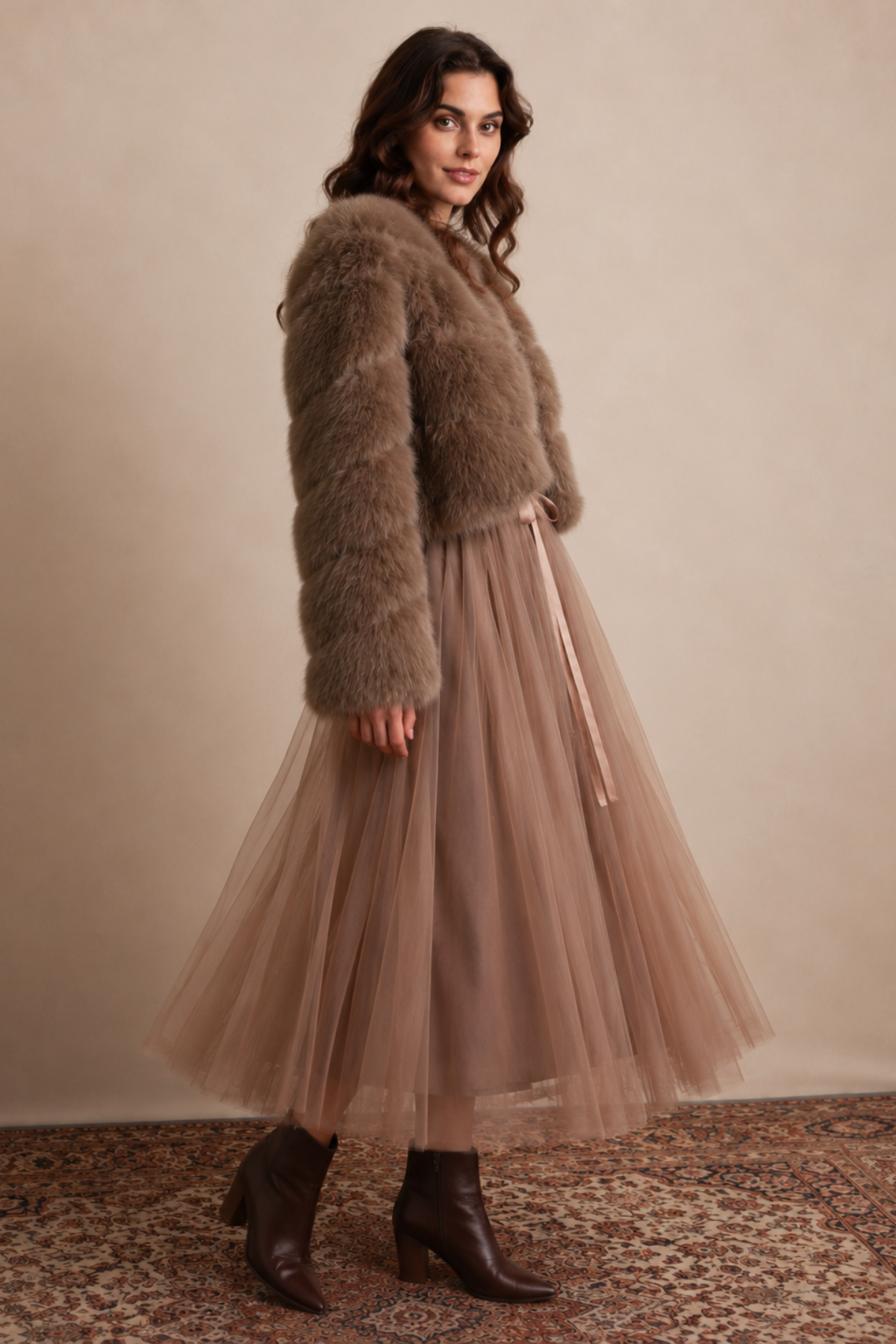 Satin Ribbon Tulle Skirt Taupe