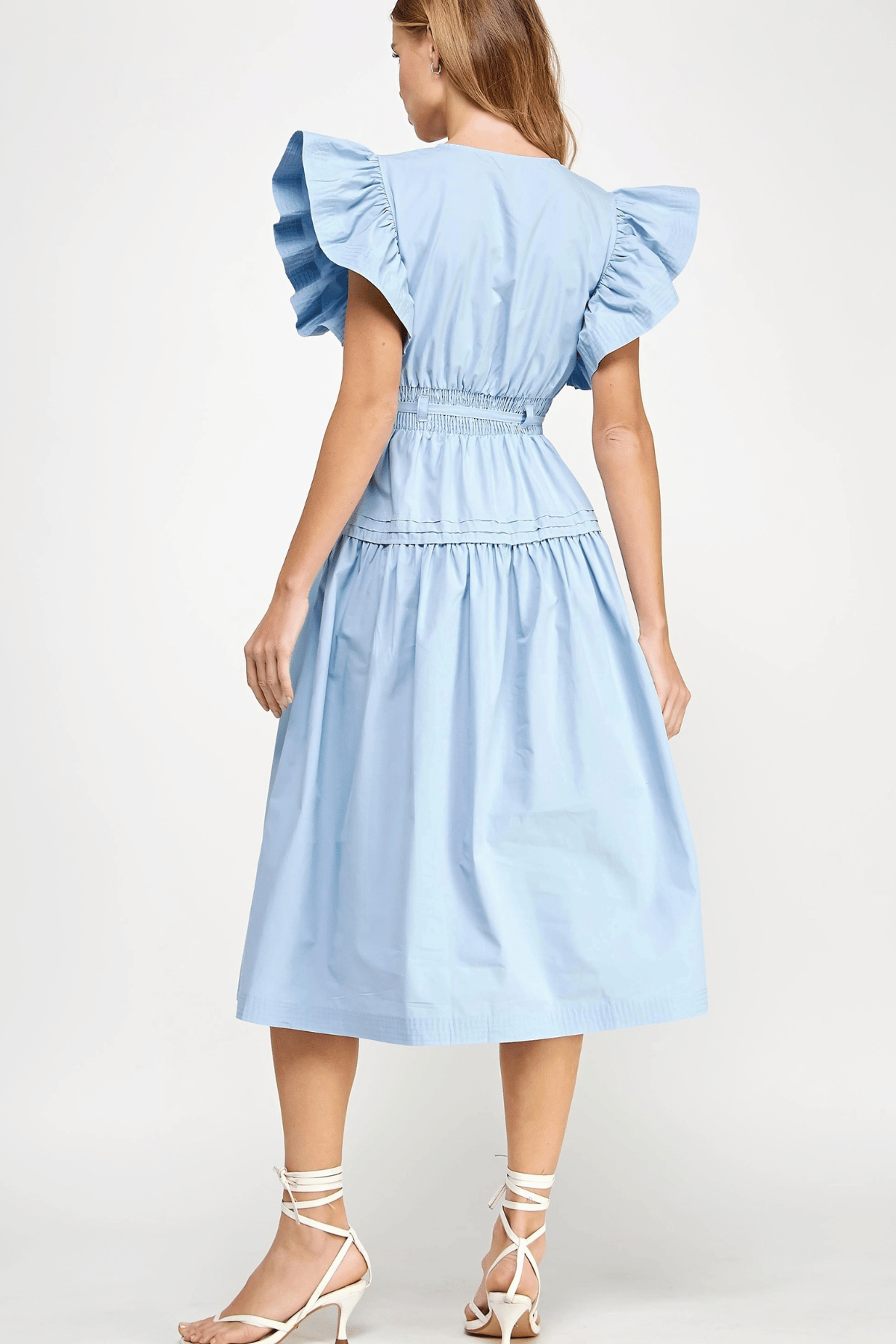 Chambray poplin midi dress with banded tie waist and tiered skirt