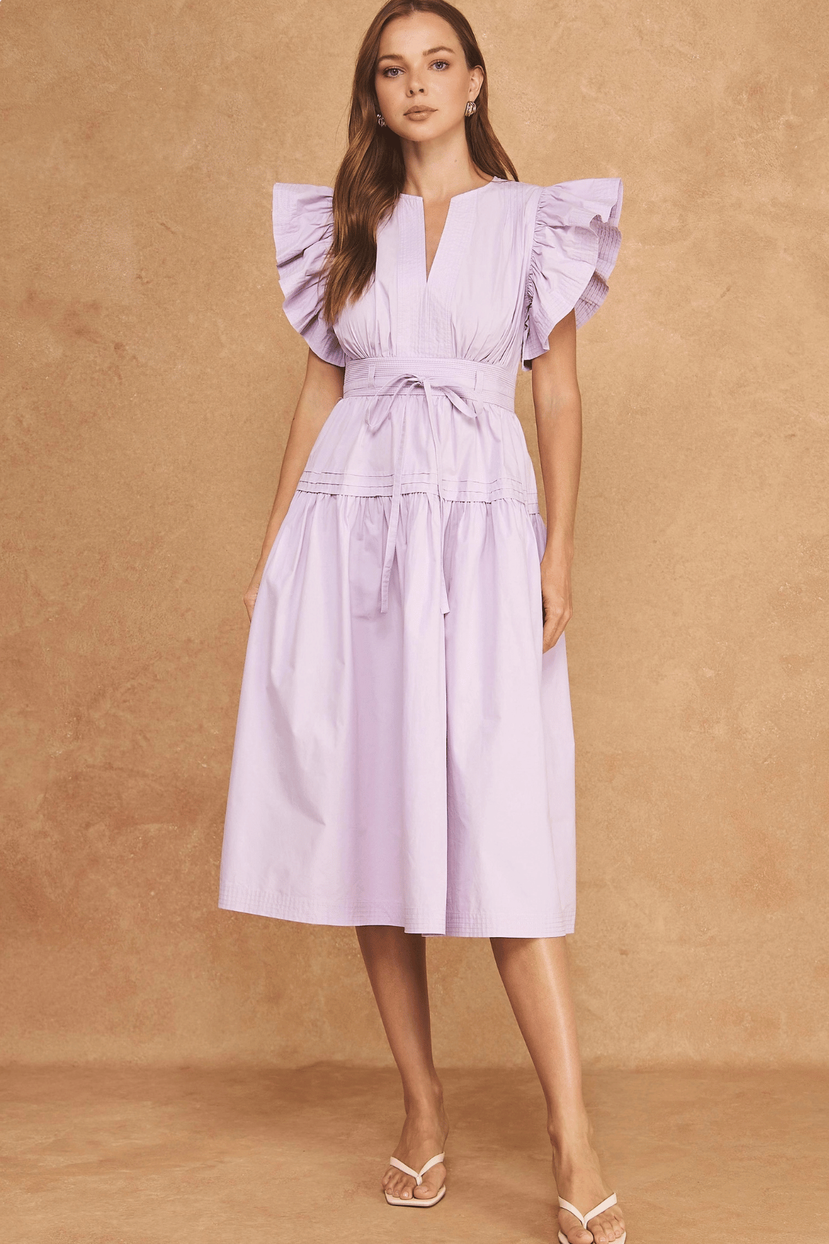 The Adeline cotton poplin midi dress in lilac with flutter sleeves