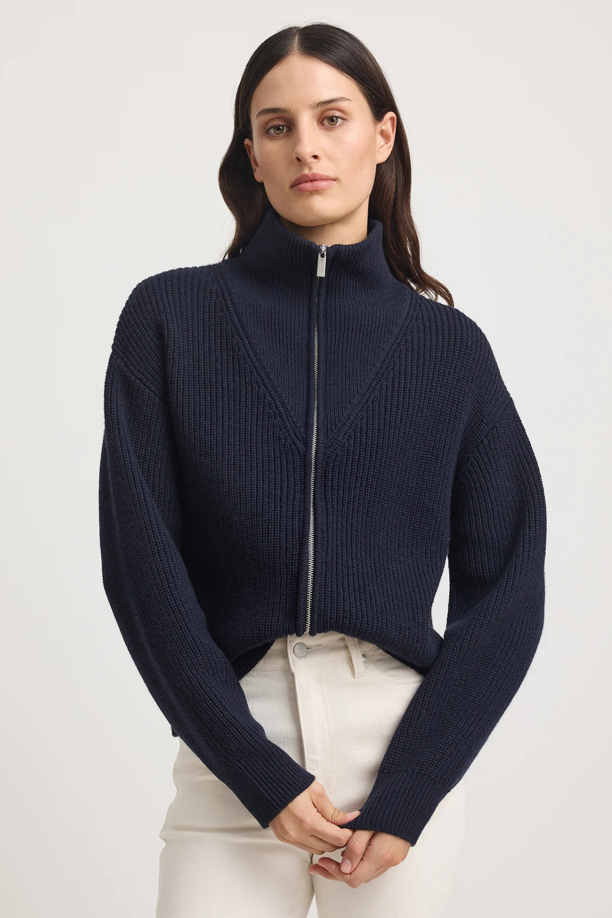 Zip Through Rib Knit French Navy