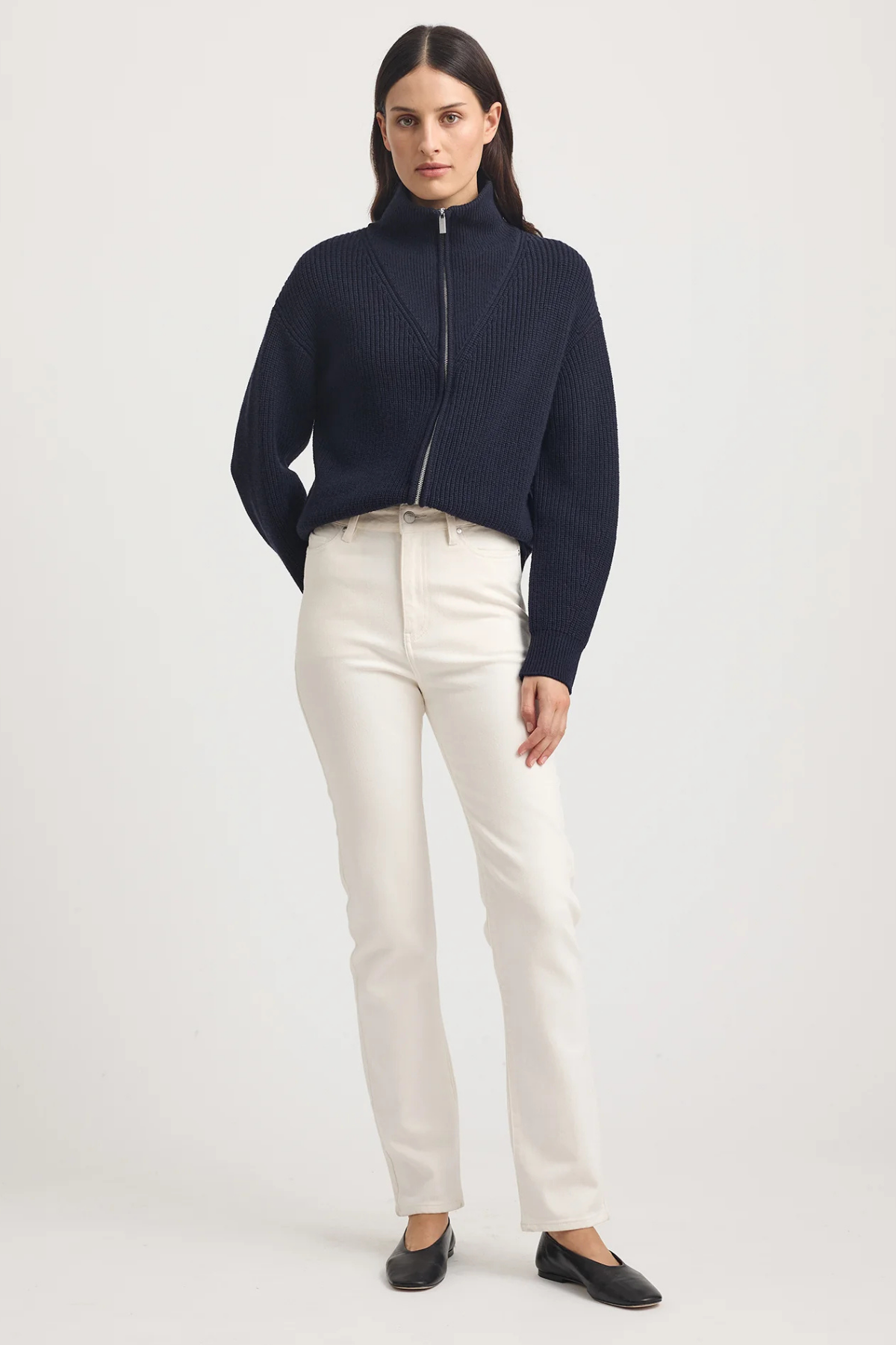 Zip Through Rib Knit French Navy