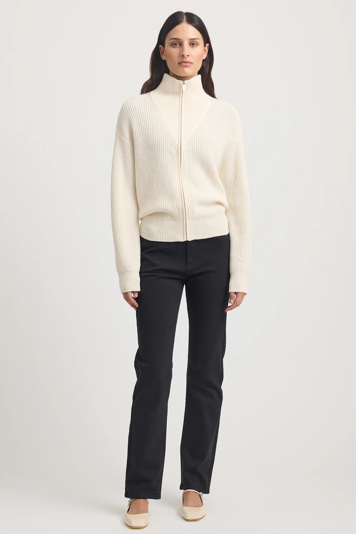 Zip Through Rib Knit Ivory