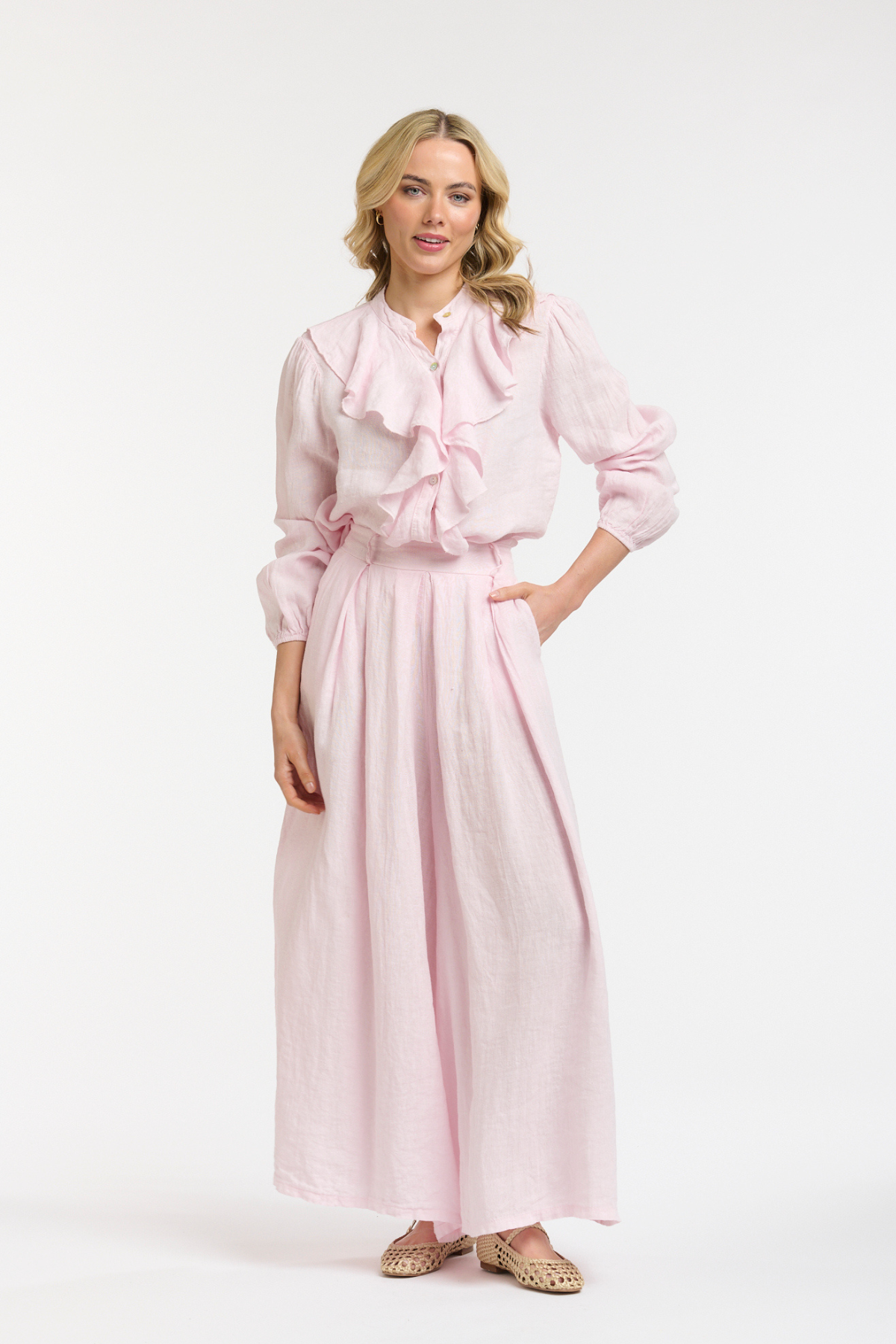 Linen Ruffle Blouse Light Pink