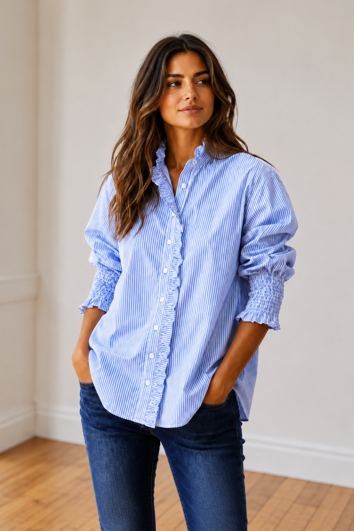 Poppy Shirt Digital Print Pale Blue and White
