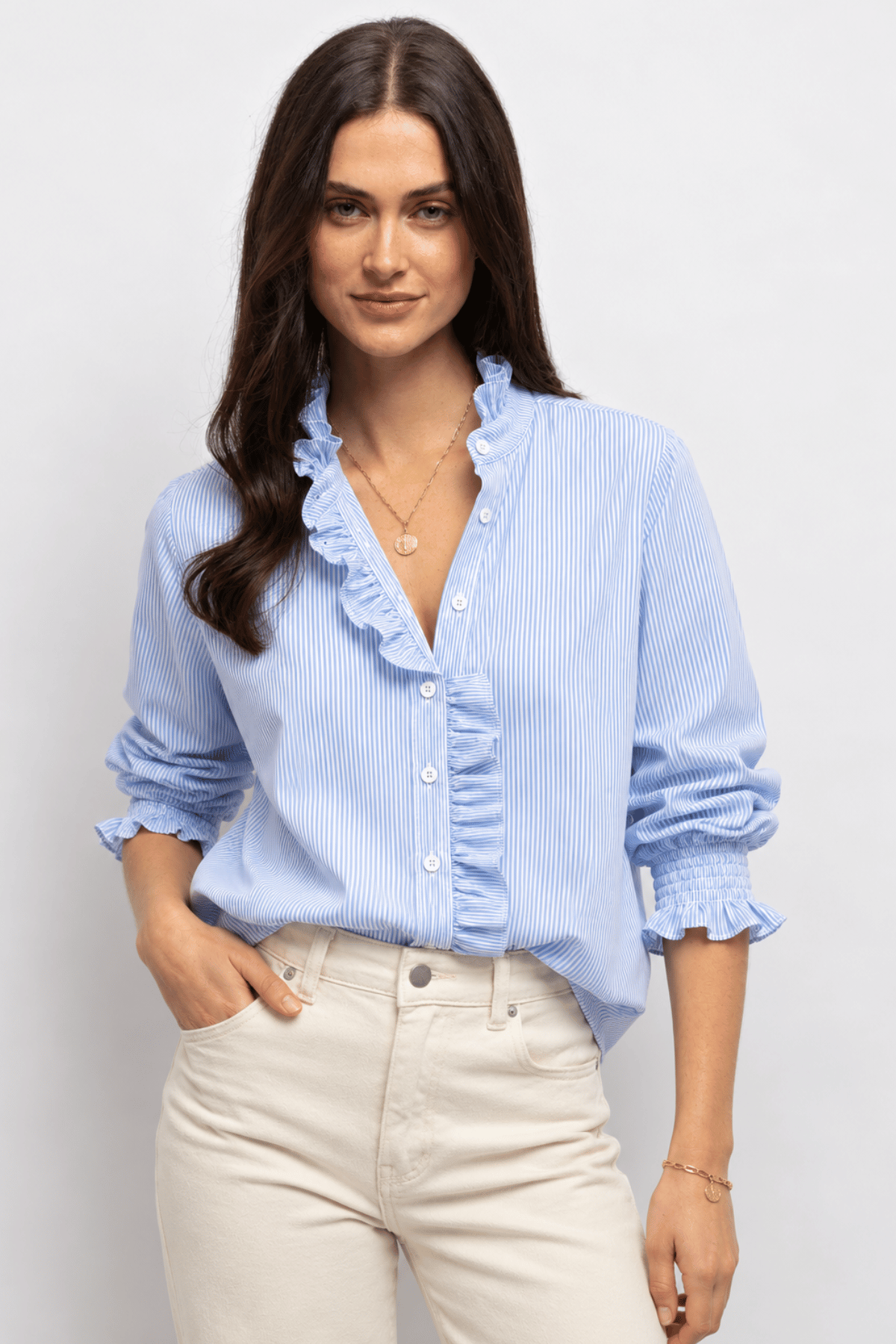 Poppy Fine Stripe Cotton Shirt Pale Blue