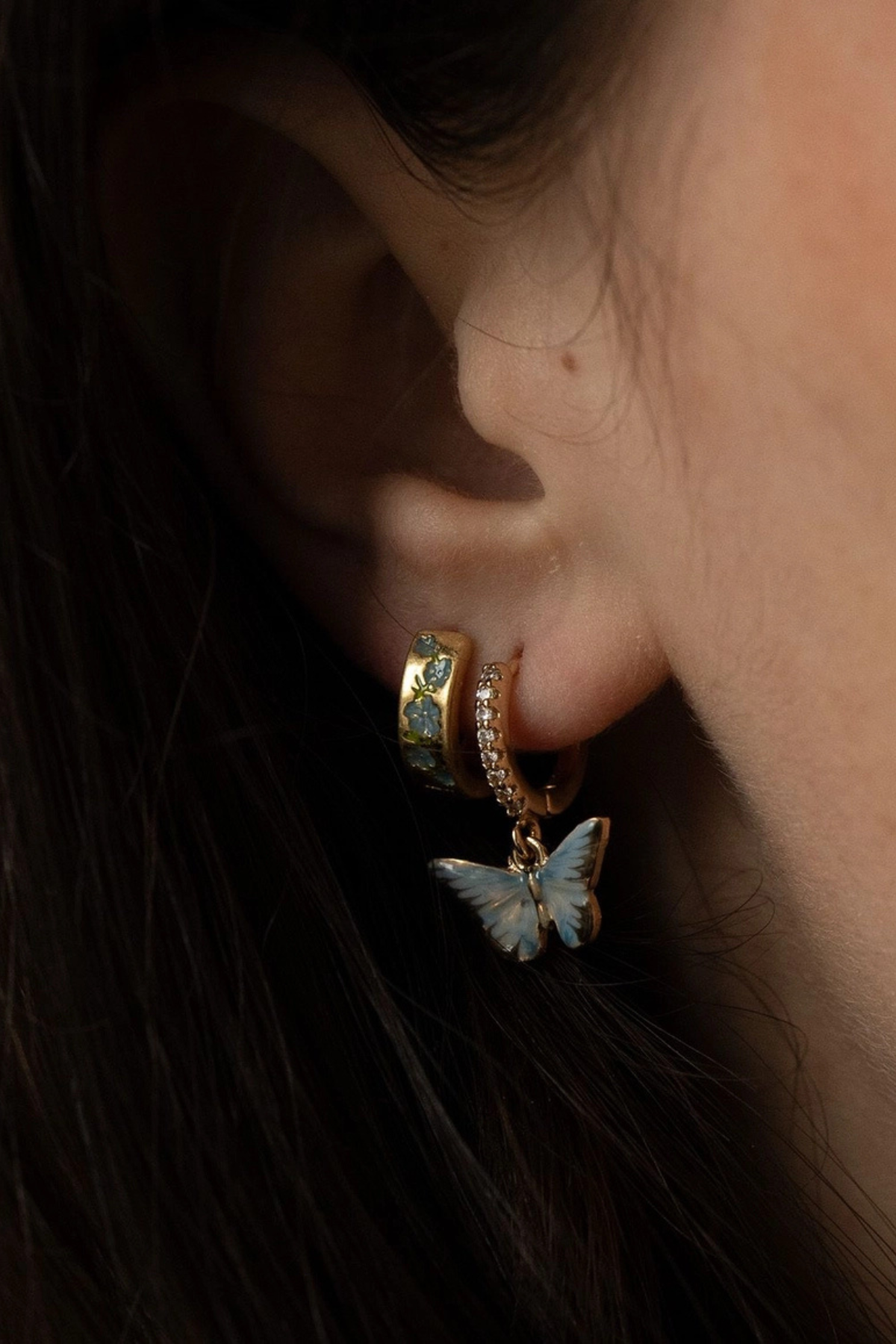 Enamel Blue Butterfly Huggie Earrings