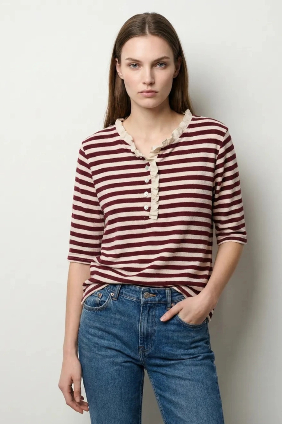 Ruffle Henley Striped Top Bordeaux