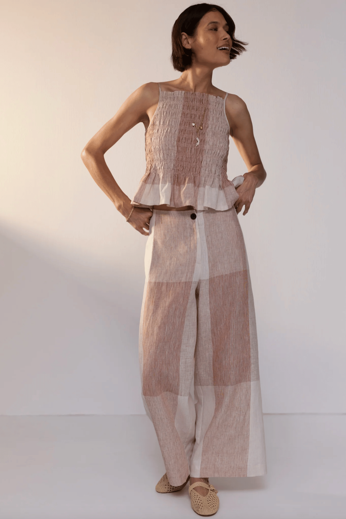 Nixie Shirred Tank Toffee Gingham