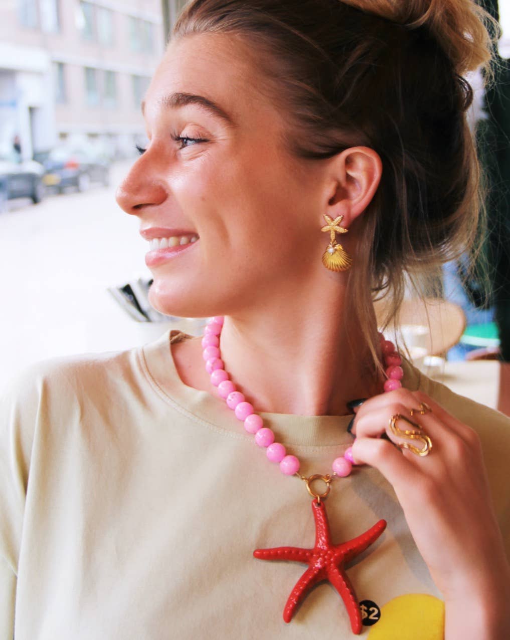 Natural Stone Bead Necklace Pink