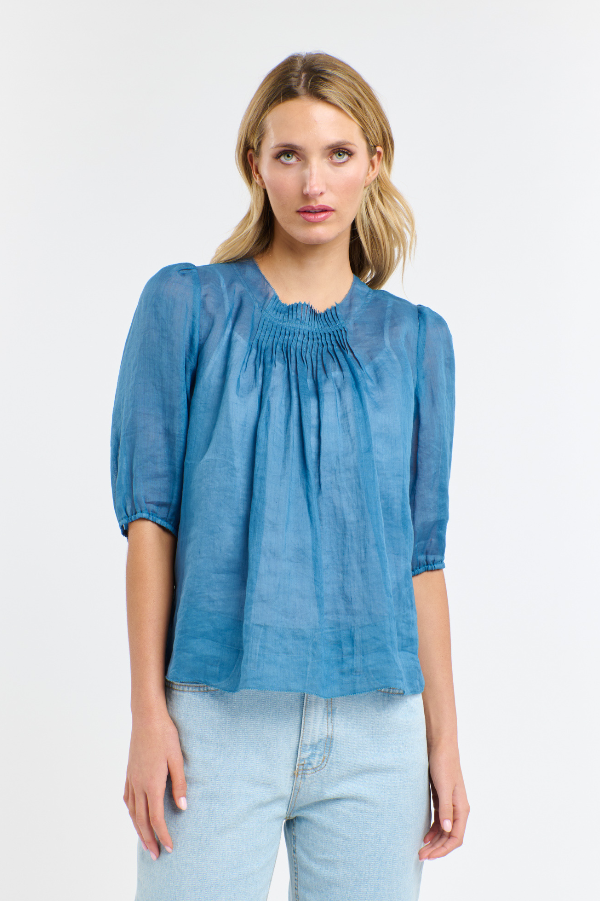 Ariel Pintuck Blouse Denim