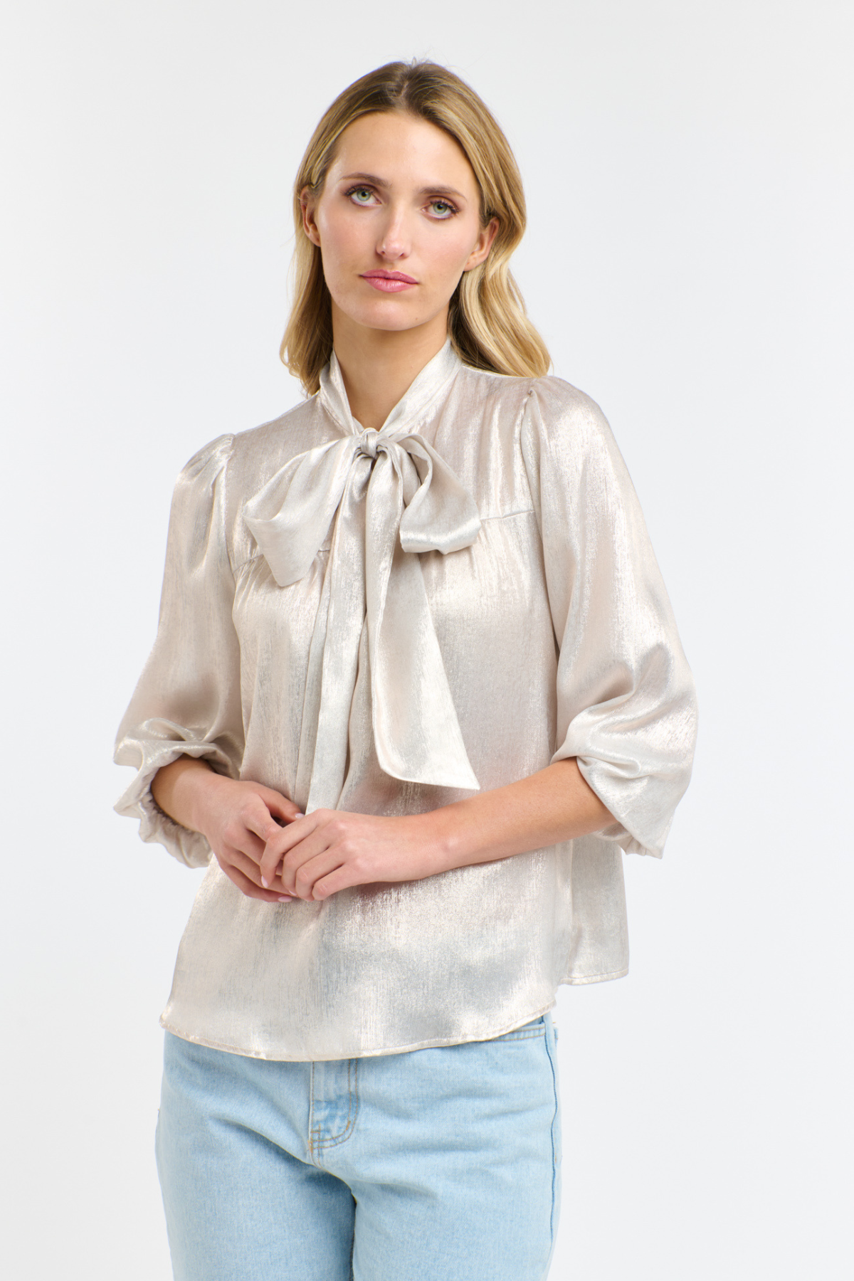 Summer Pussy Bow Blouse Champagne
