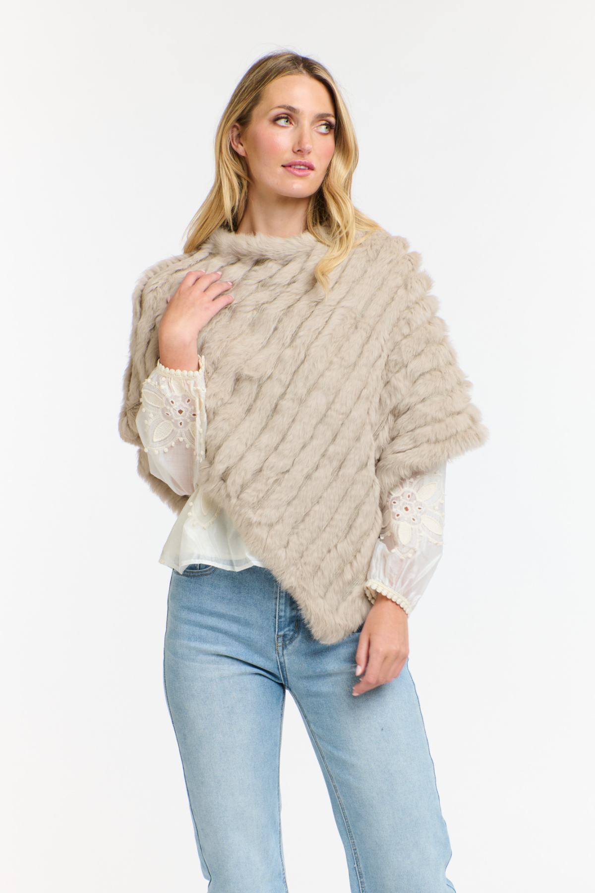 Rabbit Fur Poncho Stone
