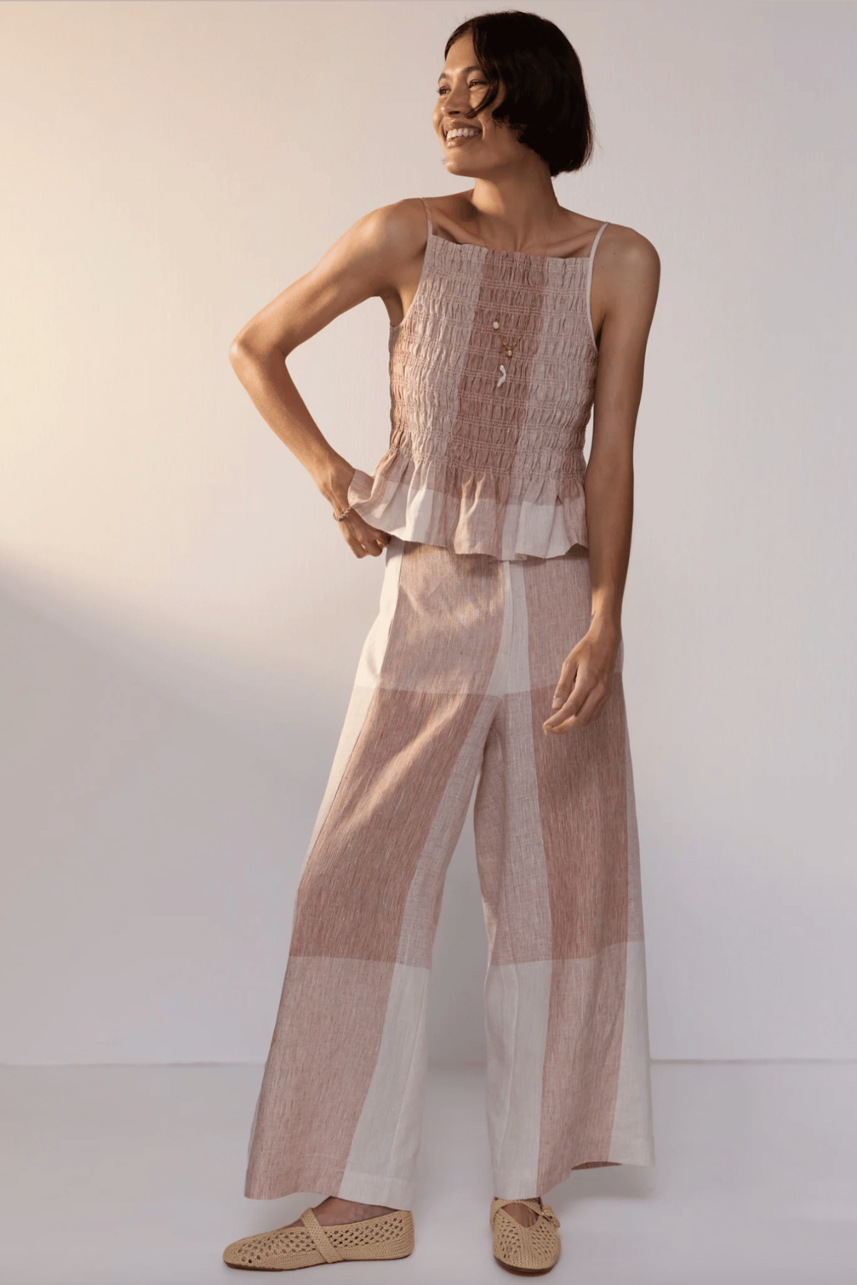 Nixie Shirred Tank Toffee Gingham