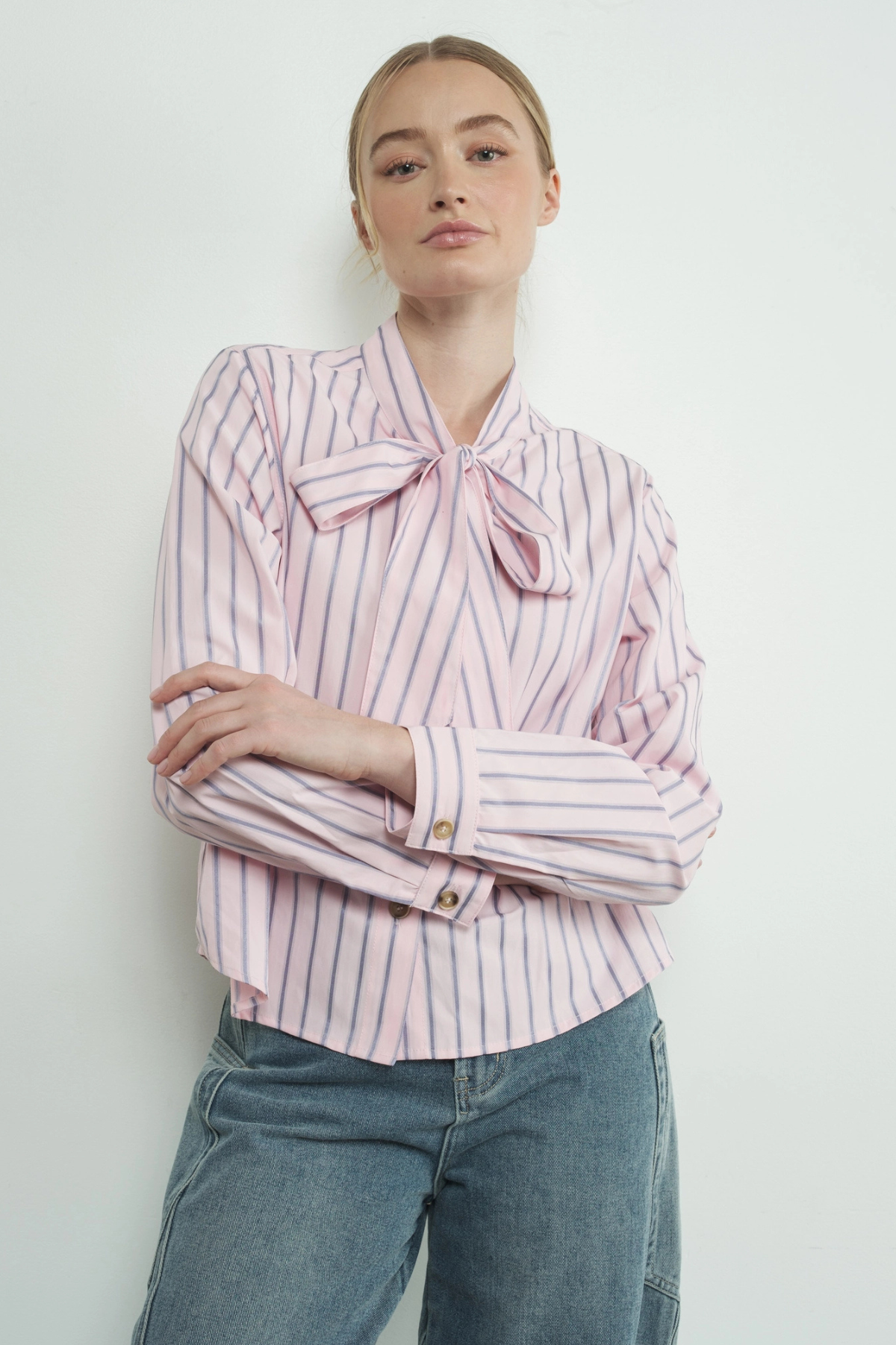 Striped Bow Tie Shirt Pink