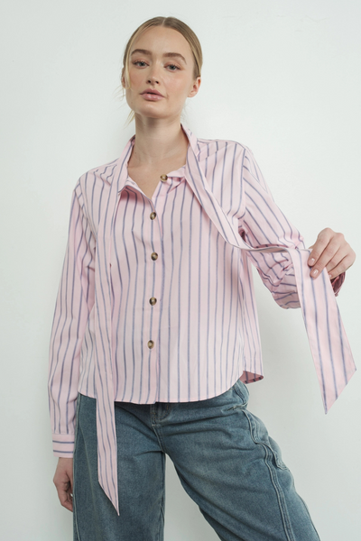 Striped Bow Tie Shirt Pink