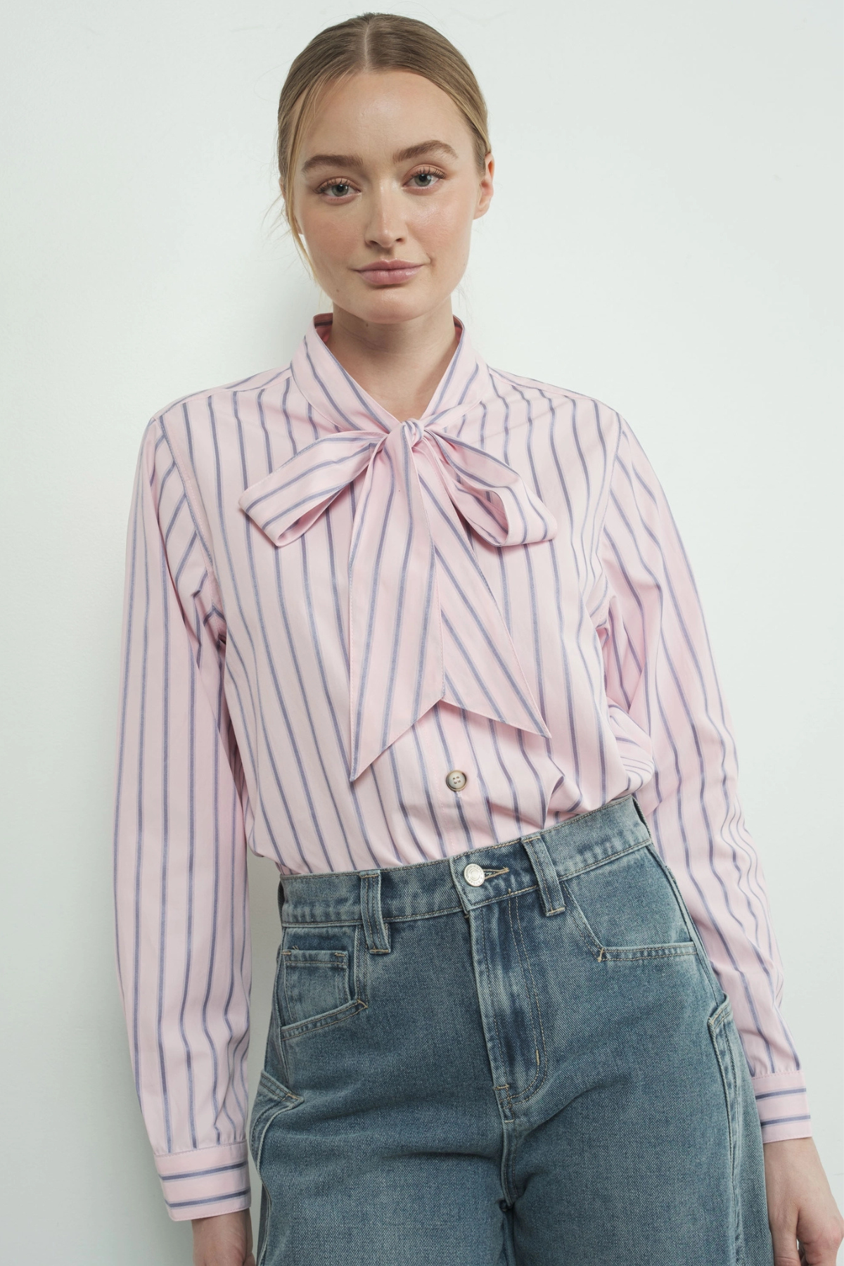 Striped Bow Tie Shirt Pink