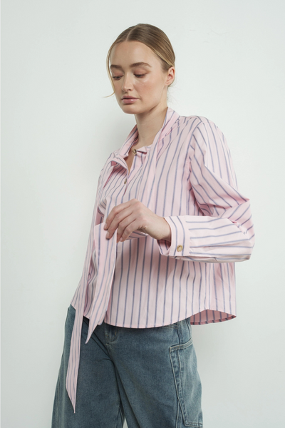 Striped Bow Tie Shirt Pink