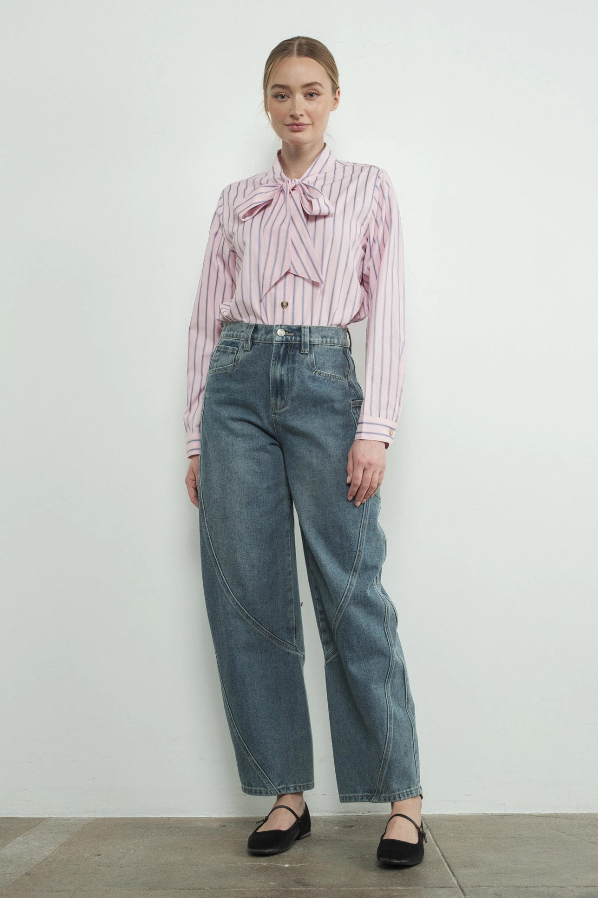 Striped Bow Tie Shirt Pink