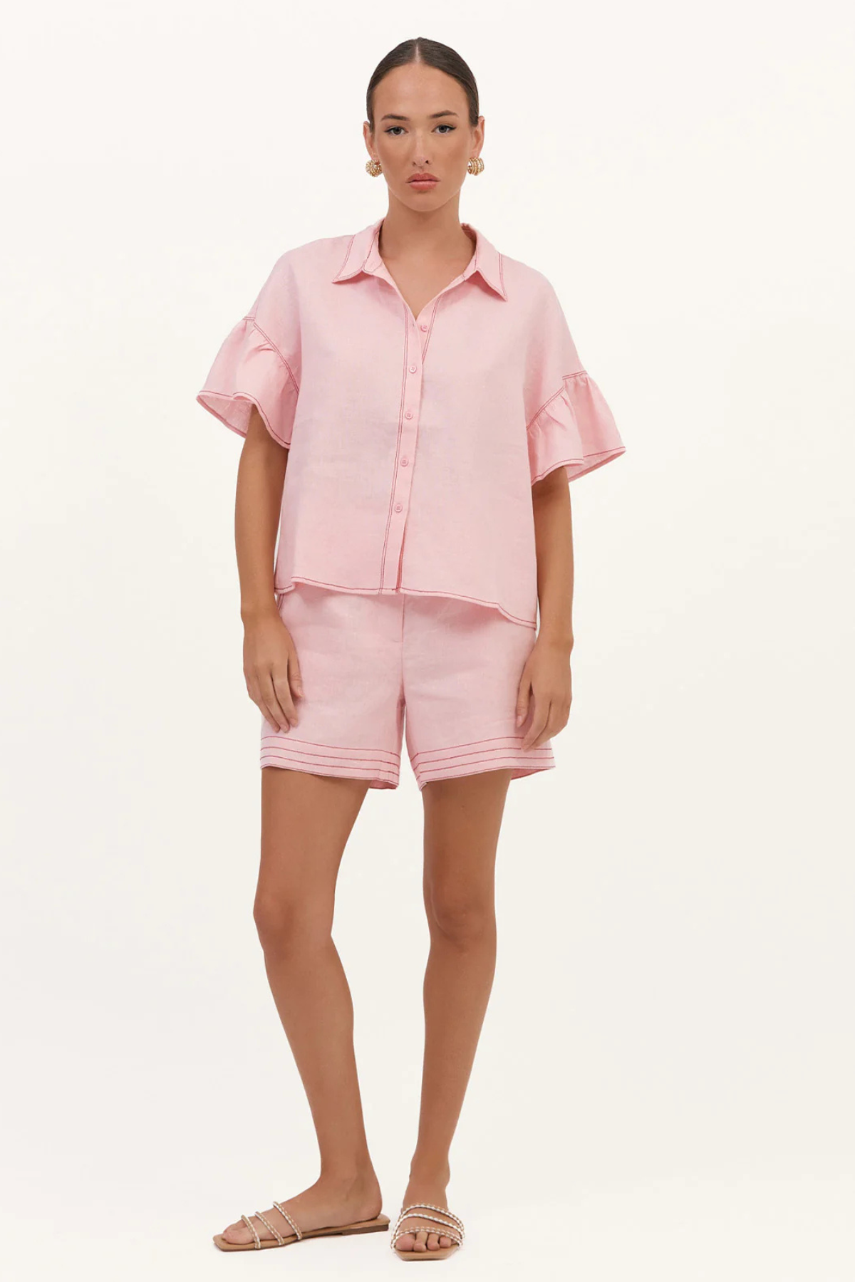 Alex Contrast Stitch Linen Shirt Pink