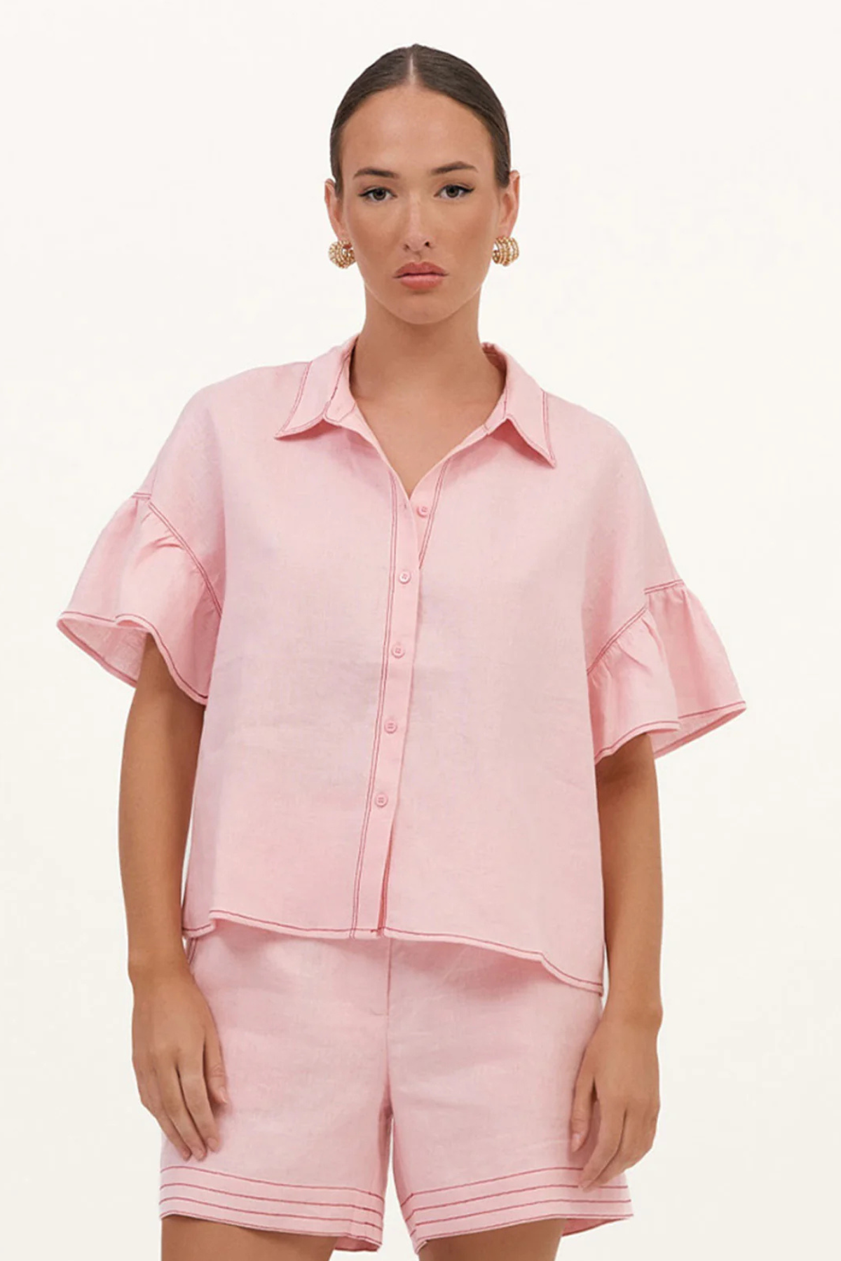 Alex Contrast Stitch Linen Shirt Pink