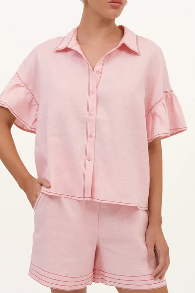 Alex Contrast Stitch Linen Shirt Pink